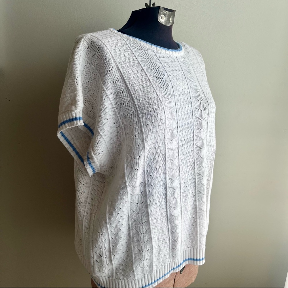 Vintage American Spectator Pointelle Knit Top – White with Blue Trim, 2X